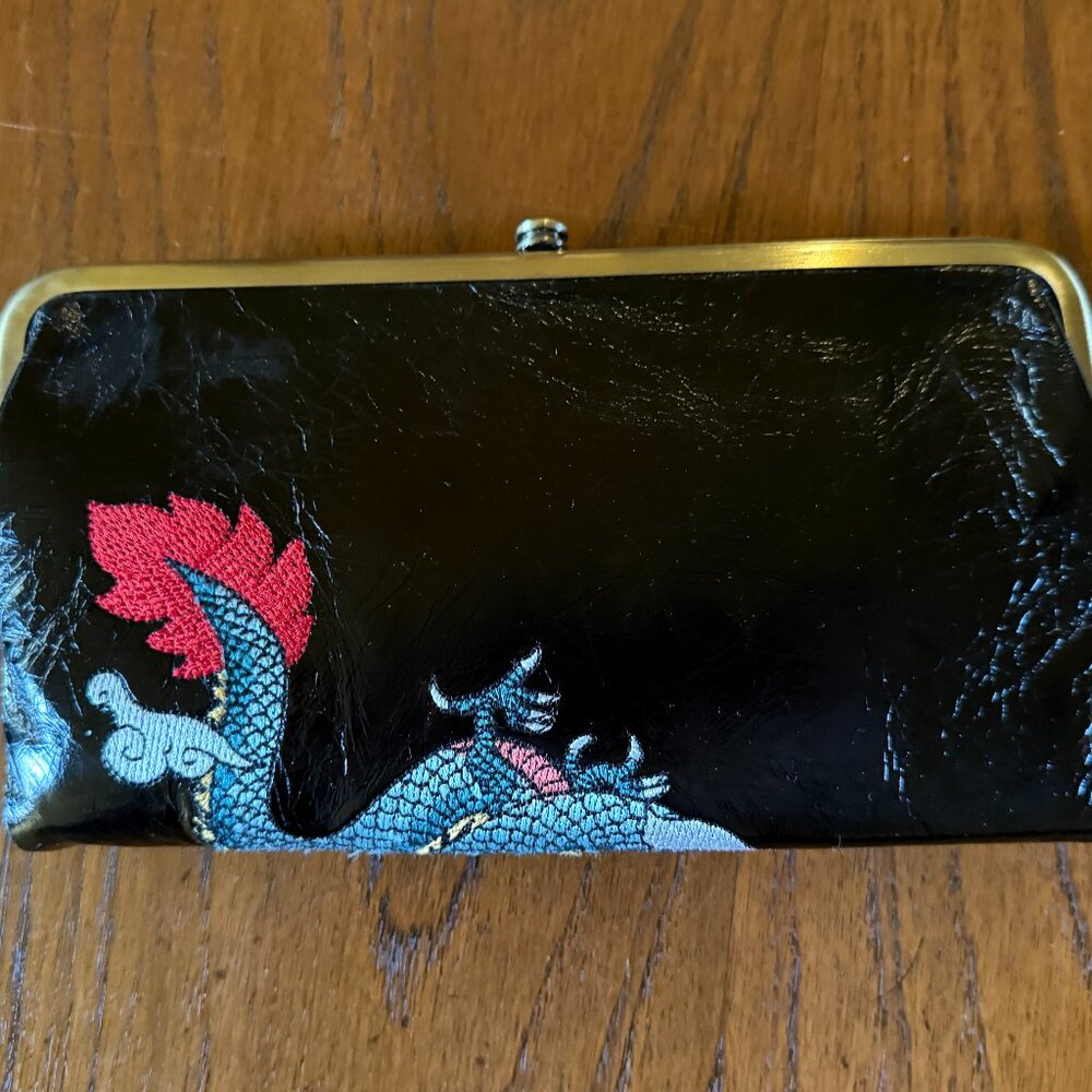 HOBO International Black Leather Lauren Clutch Wallet -- Embroidered Dragon - Picture 2 of 6